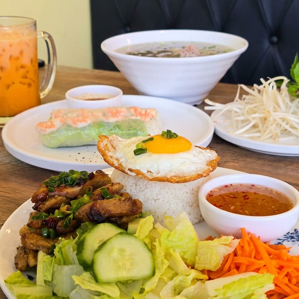 Vietnamese rice plate with grilled meat, fried egg, vegetables, dipping sauce, fresh spring roll, bean sprouts, soup, and iced tea.