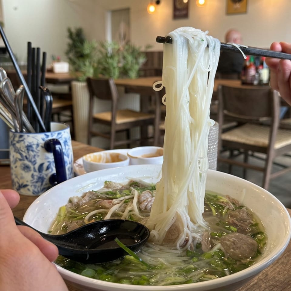 Hand lifts rice noodles with chopsticks from a steaming bowl of Vietnamese pho in a restaurant.